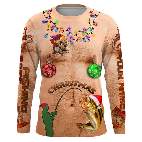 Max Corner Funny Hairy chest ugly Christmas Bass fishing Custom Christmas long sleeve Fishing Shirts Personalized Christmas Fishing gifts