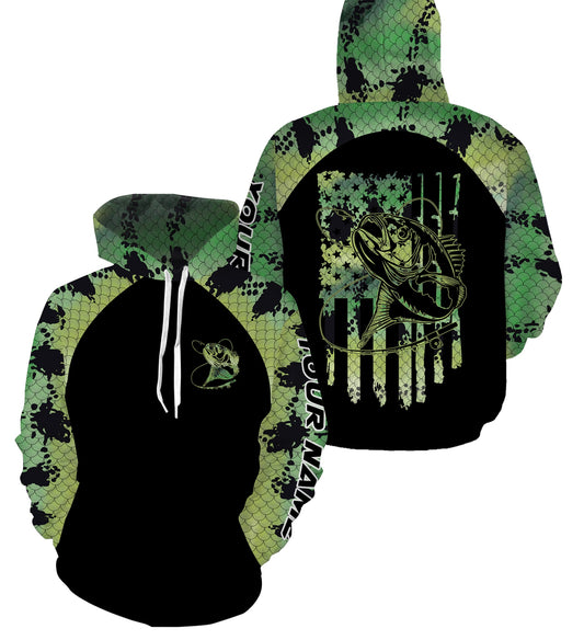 Max Corners Bass fishing American flag patriotic green scales Customize name 3D Hoodie