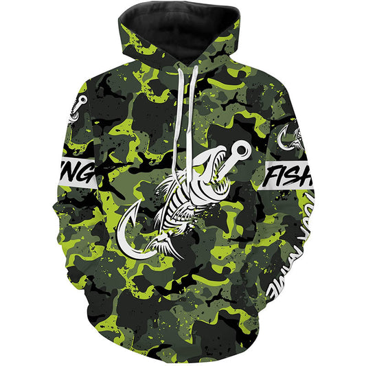 Max Corners Fish hook skull Green Camo fish reaper Custom name fishing 3D Hoodie
