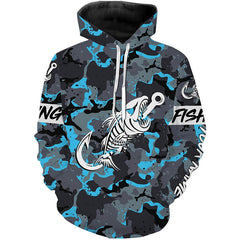 Max Corners Fish hook skull blue Camo fish reaper Custom name fishing 3D Hoodie
