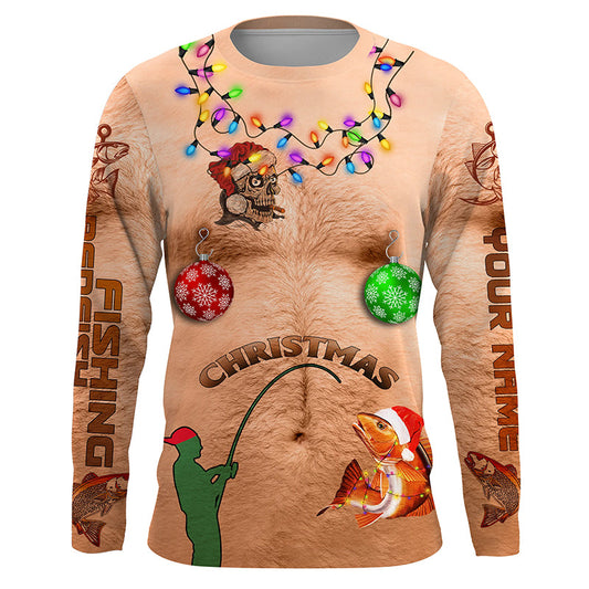 Max Corner Funny Hairy chest ugly Christmas Redfish Custom Christmas long sleeve Fishing Shirts Personalized Christmas Fishing gifts