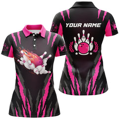 Maxcorners Pink Flame Bowling Ball & Pins Premium Customized Name 3D Shirt For Women
