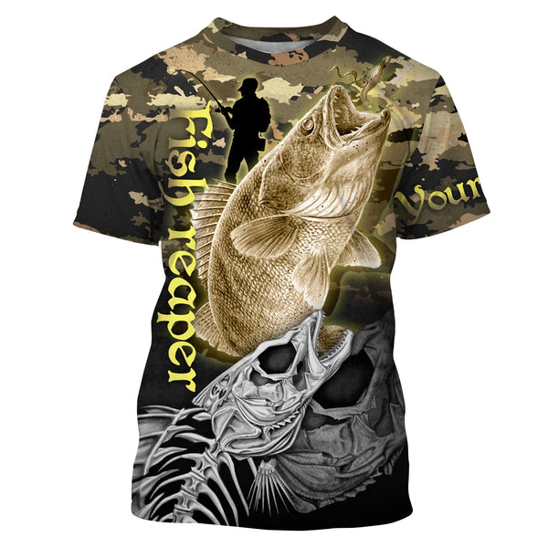 Walleye Fishing Fish Skull Reaper Camouflage Customize Name Unisex Fishing Shirt