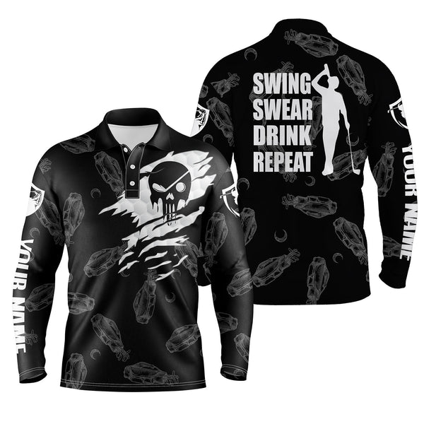 Max Corner Mens golf polo shirt swing swear drink repeat custom name black golf clubs pattern shirt