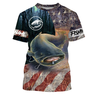 American Flag Patriotic Big Catfish Fishing Camo Patriotic Customize Name Fishing Shirt