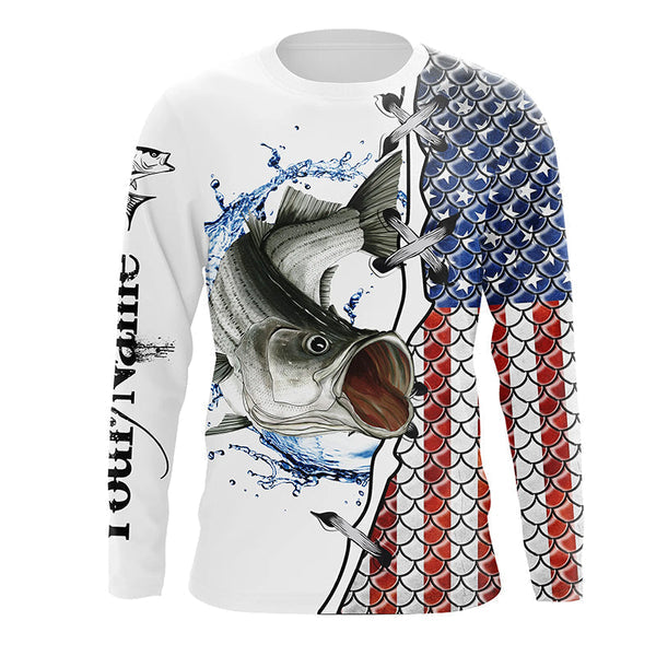 Maxcorner Striper Striped Bass Fishing American Flag Patriotic Personalized Name 3D shirt