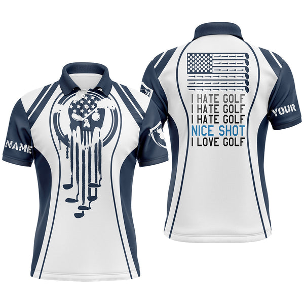 Max Corner Men golf polo shirts blue golf skull I hate golf nice shot I love golf custom white golf polo shirts