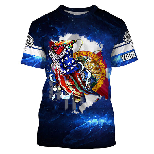 Florida Bass Fishing Us Blue Galaxy Shirts Custom Name 3D Shirt