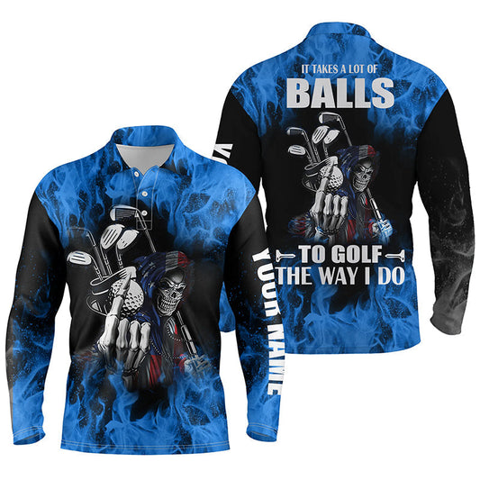 Max Corner Mens golf polo shirts custom name blue flame golf skull it takes a lot of ballsto golf the way I do