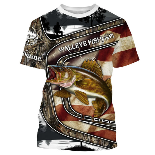Maxcorner Walleye Fishing Camo American Flag Patriotic Customize Name 3D shirt