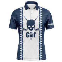 Max Corner Just golf it Mens golf polo shirt blue and white golf skull custom name golf gifts for men