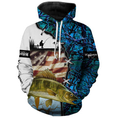 Max Corners Walleye Fishing American flag teal blue camo custom UV protection fishing Hoodie