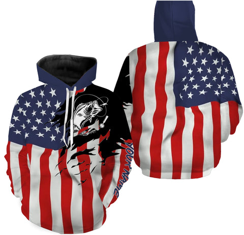 Max Corners Largemouth bass fishing tattoos American flag patriotic custom Name 3D Hoodie