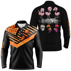 Max Corner Funny black mens golf polo shirts orange American flag custom name Halloween Flamingo golf friends
