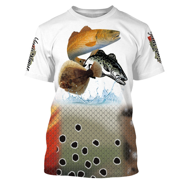Texas Inshore Slam Redfish, Speckled Trout, Flounder Fishing Scales Custom Name 3D Shirt