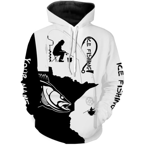 Max Corners Minnesota ice fishing Walleye winter fishing black and white Customize name 3D Hoodie