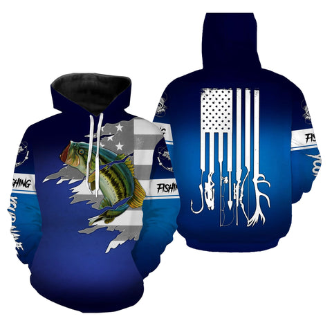 Max Corners Largemouth Bass Fishing American flag patriotic blue color Custom Name fishing Hoodie