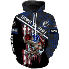 Max Corners "Born To Fish" American Flag Bass fishing blue camo Custom Name 3D Hoodie