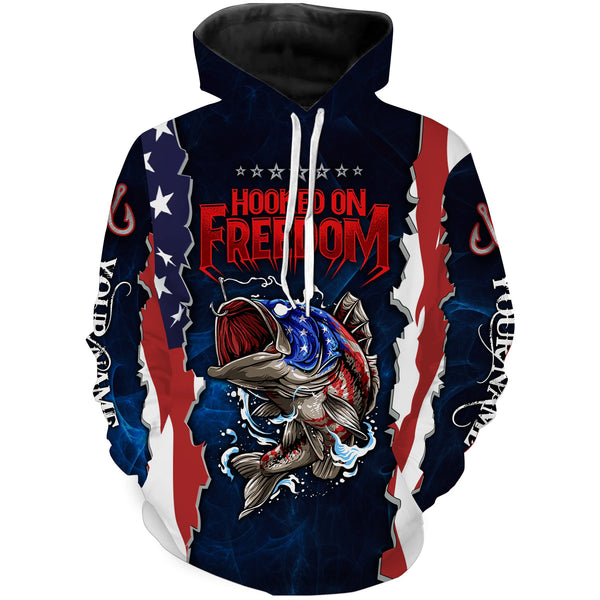 Max Corners Hooked on freedom Bass fishing American flag patriotic Custom Name Fishing Hoodie