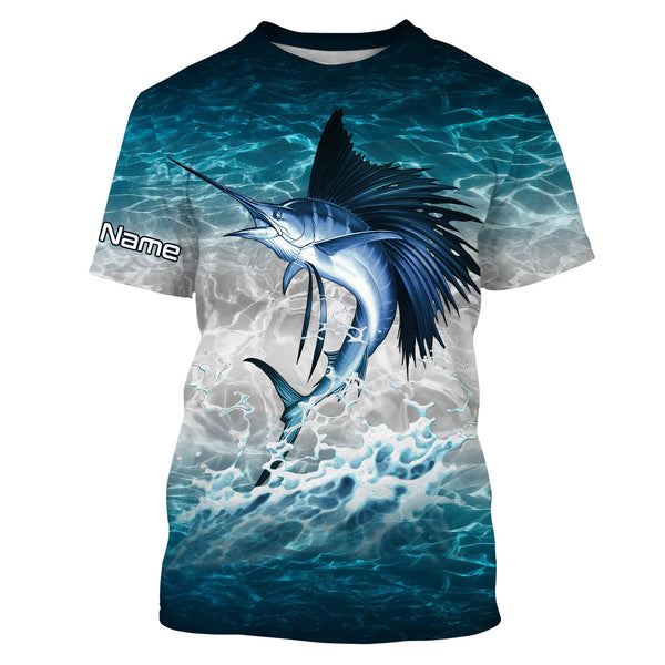 Sailfish Fishing Saltwater Blue Sea Water Camo Custom Name Fishing Shirt
