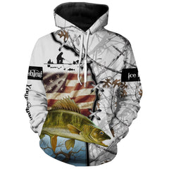 Max Corners Walleye ice fishing snow camo American Flag Custom Name Hoodie