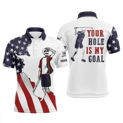 Max Corner American flag patriotic Mens golf polos shirts custom name funny golf skull your hole is my goal