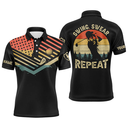 Max Corner Vintage American flag Mens golf polos shirts custom name swing swear repeat