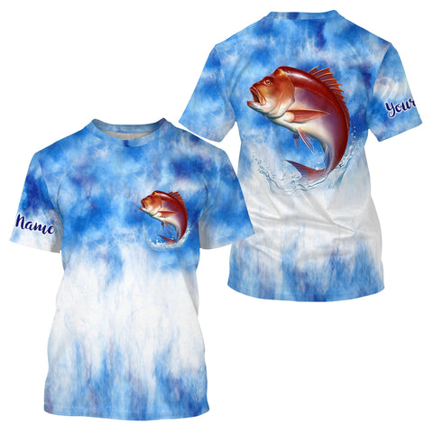 Red Snapper Saltwater Fishing Blue Sea Camo Custom Name Fishing Shirt