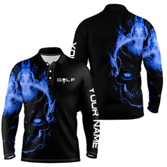 Max Corner Blue fire skull black golf shirts custom Mens golf polo shirts