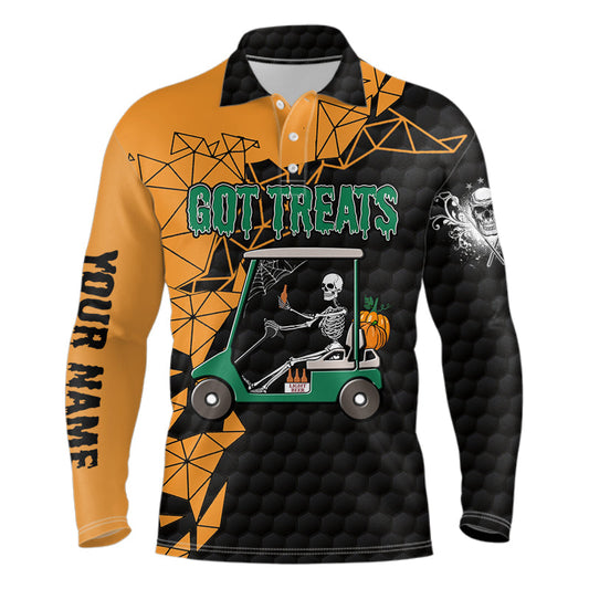 Max Corner Black and orange Halloween golf skeleton Mens golf polo shirts custom name got treats golf outfits men