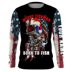 Max Corner Merry Fishmas Funny Christmas Fishing Born To Fish American Flag Christmas pattern Custom Long sleeve Fishing Shirts Personalized Christmas Fishing gifts