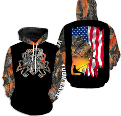 Max Corners Personalized Largemouth Bass Fishing US flag Orange camo Hoodie
