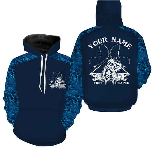 Max Corners Fish Reaper Blue Camouflage Performance Fishing Shirt, Custom Name Hoodie