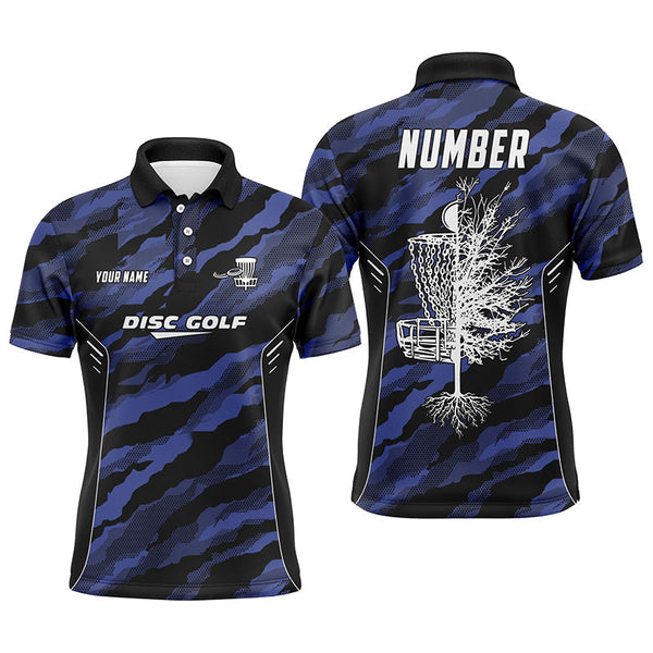 Max Corner Camo Pattern Mens Golf Polo Shirts, Custom Navy Camo Golf Shirt Disc Golf Shirts For Mens