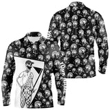 Max Corner Mens Black & White Skull Pattern Golf Polo Shirts Custom Name Crazy Polo Golf Gifts For Men