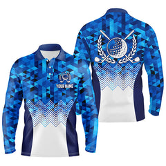 Max Corner Mens Blue Geometric Golf Polo Shirts Custom Triangle Pattern Golf Shirts For Men, Cool Golf Gifts