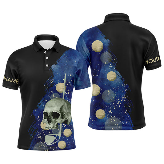 Max Corner Water Color Golf Skull With Golf Ball Mens Polo Shirt, Custom Name Black Blue Golf Shirts For Men