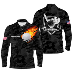Max Corner Black Camo Fire Golf Ball Flame Mens Golf Polo Shirts Custom American Flag Golf Shirts For Men