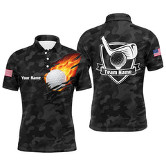 Max Corner Black Camo Fire Golf Ball Flame Mens Golf Polo Shirts Custom American Flag Golf Shirts For Men