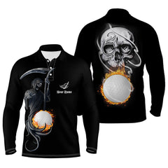 Max Corner Fire Golf Ball Skull Golf Shirts For Men, Custom Skeleton Mens Golf Shirts, Halloween Golf Gifts