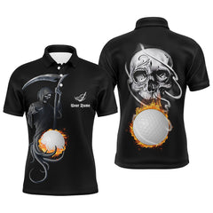 Max Corner Fire Golf Ball Skull Golf Shirts For Men, Custom Skeleton Mens Golf Shirts, Halloween Golf Gifts