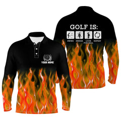 Max Corner Mens Orange Flame Golf Polo Shirts, Personalized Fire Golf Shirts For Men, Best Golfing Gifts