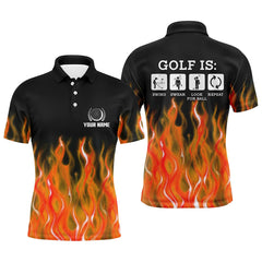 Max Corner Mens Orange Flame Golf Polo Shirts, Personalized Fire Golf Shirts For Men, Best Golfing Gifts