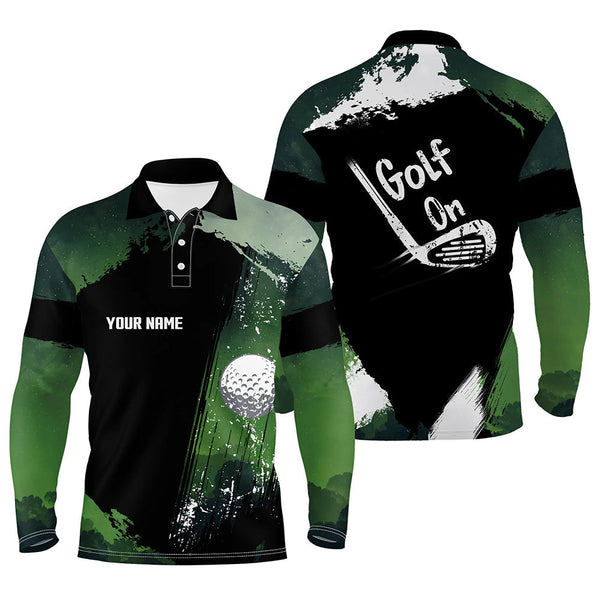 Max Corner Watercolor Mens Golf Polo Shirts, Dark Green Personalized Golf Shirts For Men, Vintage Golf Gifts
