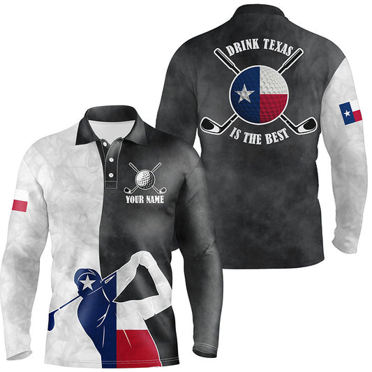 Max Corner Texas Flag Mens Golf Polo Shirts, Black And White Patriotic Golf Shirts For Men