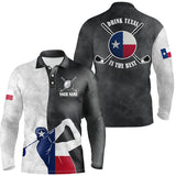 Max Corner Texas Flag Mens Golf Polo Shirts, Black And White Patriotic Golf Shirts For Men