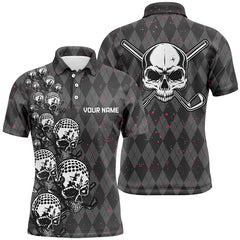 Max Corner Elegant Argyle Pattern And Skull Mens Golf Polo Shirts, Black Skull Golf Shirts For Men