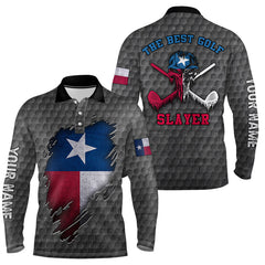 Max Corner Grey Ripped Texas Flag All Over Print Golf Polo Shirt For Mens, Texas Skull Mens Golf Shirts