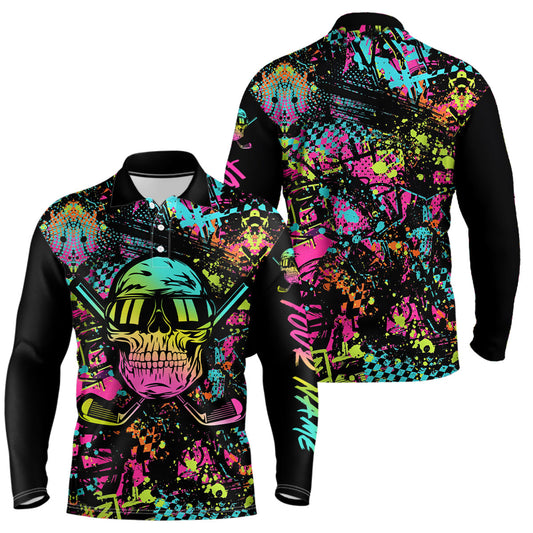 Max Corner Skull Graffiti Mens Golf Polo Shirts, Custom Colorful Skull Golf Shirts For Men