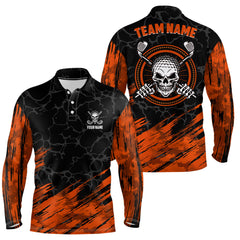 Max Corner Personalized 3D All Over Print Skull Mens Golf Polo Shirt, Orange & Black Golf Shirts For Men
